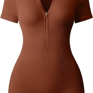 Brown Ribbed Zip-Up Women's Top OQQ